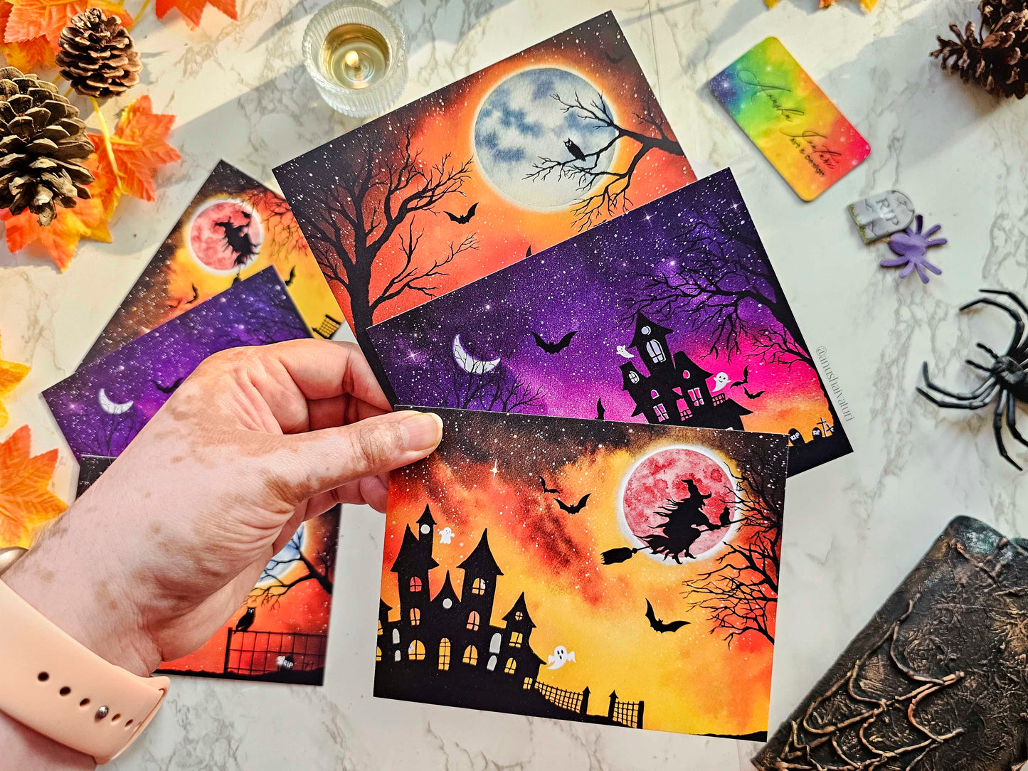 Set of 3 Watercolor Halloween Postcards | Halloween Art Notecards