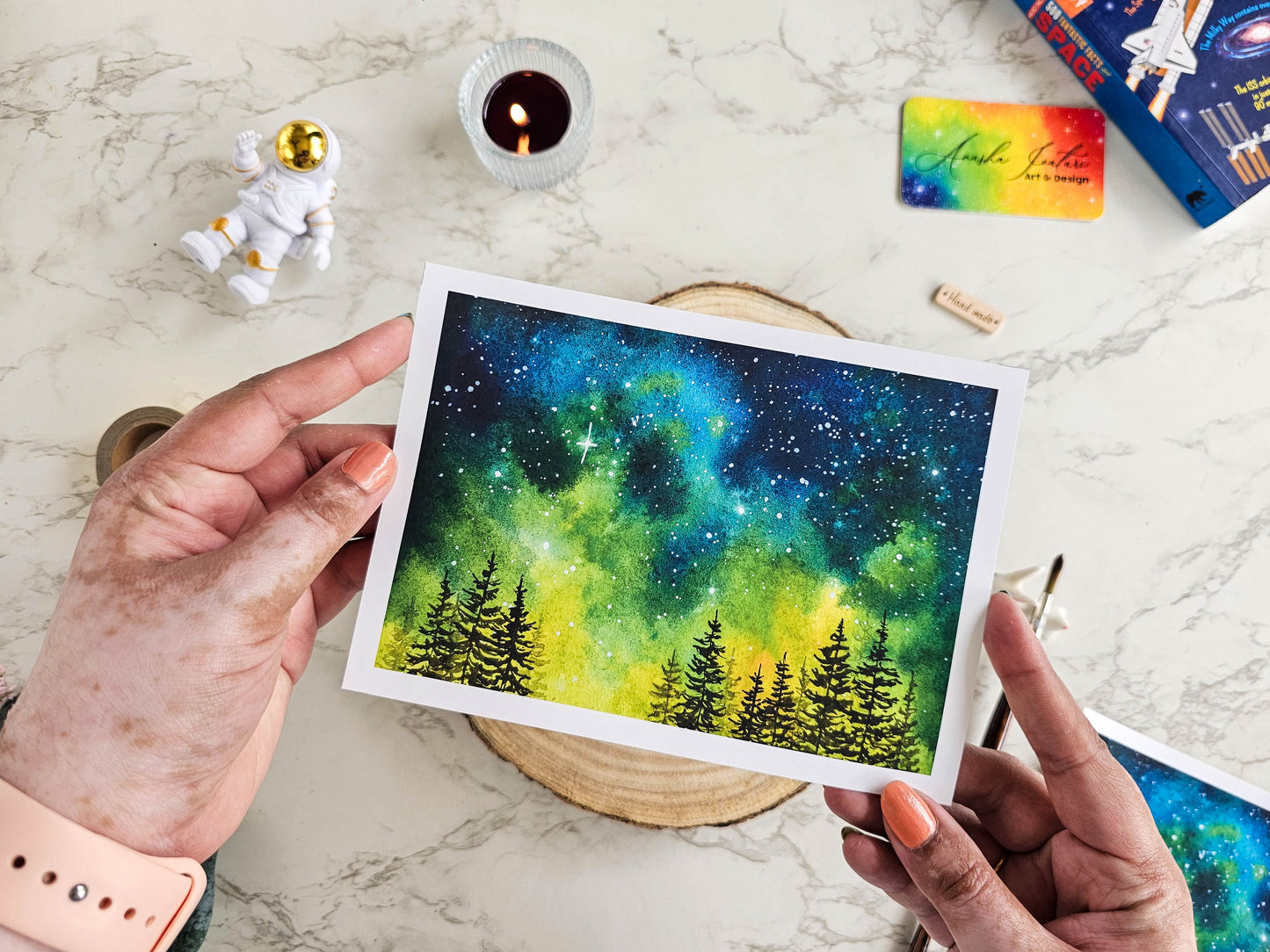 Galaxy Night Sky Forest Watercolor Painting | Archival Art Print