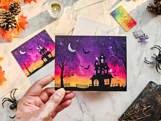 Watercolor Haunted House Halloween Postcard | Halloween Art Notecards