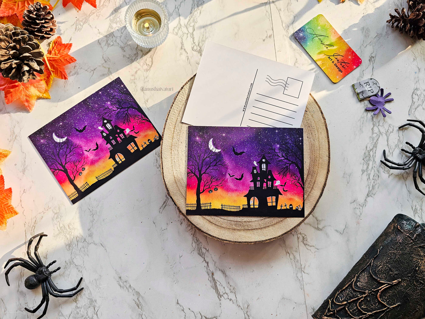 Watercolor Haunted House Halloween Postcard | Halloween Art Notecards