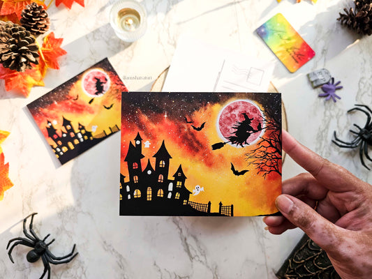 Watercolor Flying Witch Halloween night Postcard | Halloween Spooky Notecards