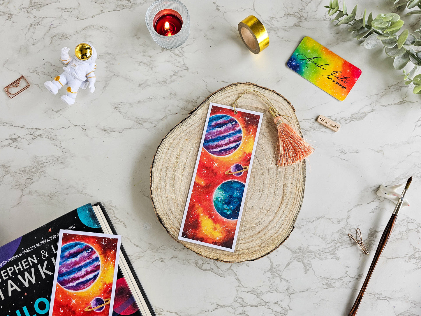 Watercolor Galaxy with Planets Bookmark | Laminated Bookmarks