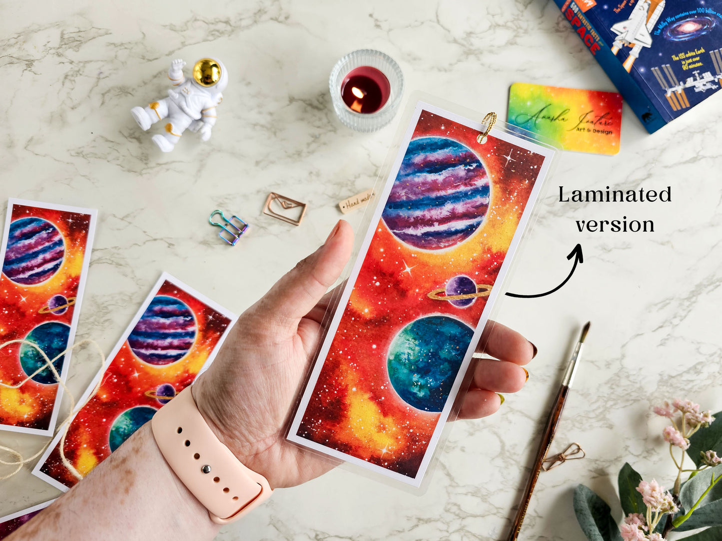 Watercolor Galaxy with Planets Bookmark | Laminated Bookmarks