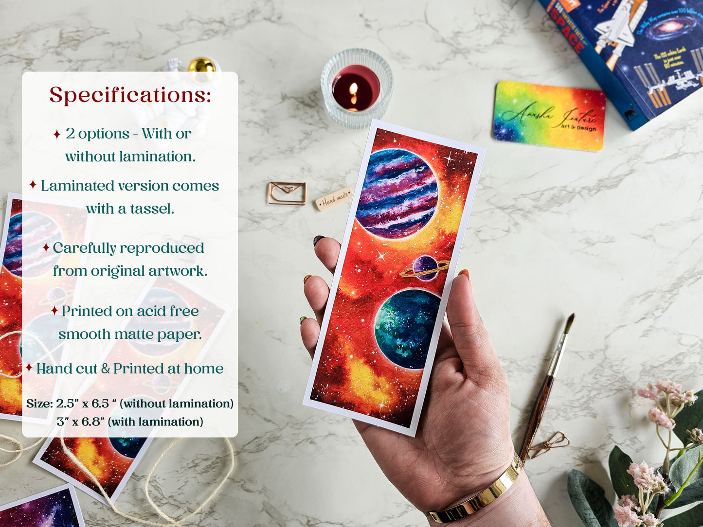 Watercolor Galaxy with Planets Bookmark | Laminated Bookmarks