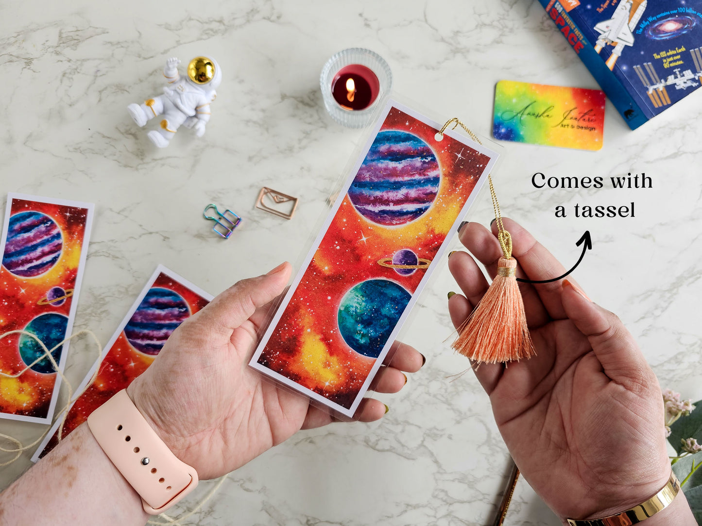 Watercolor Galaxy with Planets Bookmark | Laminated Bookmarks